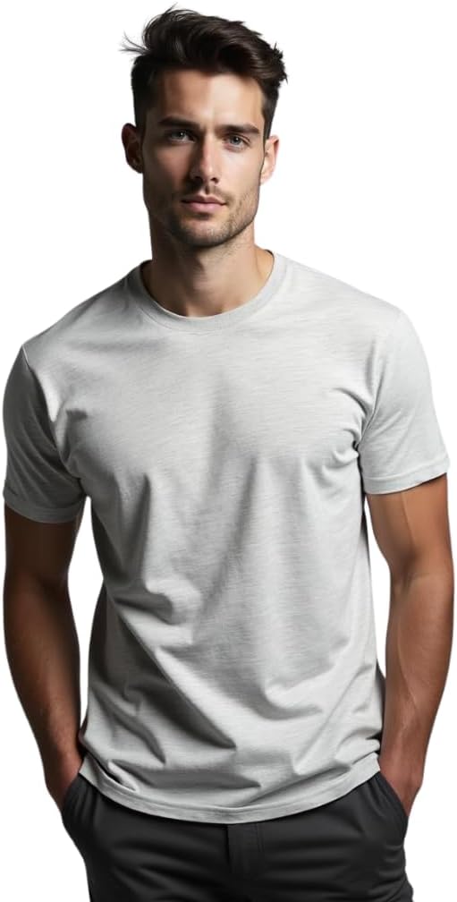 Men’s Premium Cotton Crew Neck T-Shirt – Ring Spun Cotton, Soft Crew Neck Tee, Casual Short Sleeve, Breathable, Lightweight, Classic Slim Style, Pre Shrink, White Heather, L