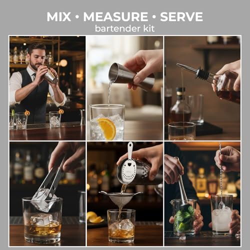 Image of O' Holic by Perch Craft 8-Piece Stainless Steel Bartender Kit|Premium Cocktail Shaker Set with Jigger 30 /60ml, Spoon,Pourer,Ice Tong, & Bar Tools|Professional Bar Set for Home &Tour Parties|Silver