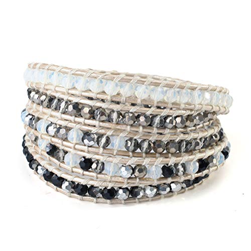 KELITCH Clear Crystal Beaded Bracelets 5 Wraps Bracelets On Leather Chain New Fashion Jewelry (Gray)
