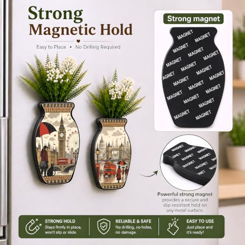 Image of Regalo Casila London City Magnetic Artificial Flower Vase Fridge Magnets Set of 2 British Travel Art Refrigerator Kitchen Home Office Decor Souvenir Gift