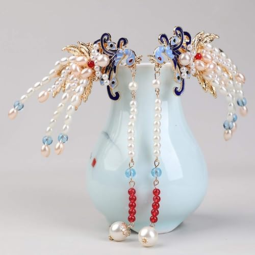 Miniatura 6 de Happyyyami - Pinzas para el pelo de pavo real estilo chino tradicional de latón con perla y borla japonesa para mujeres, niñas, Navidad, cosplay,