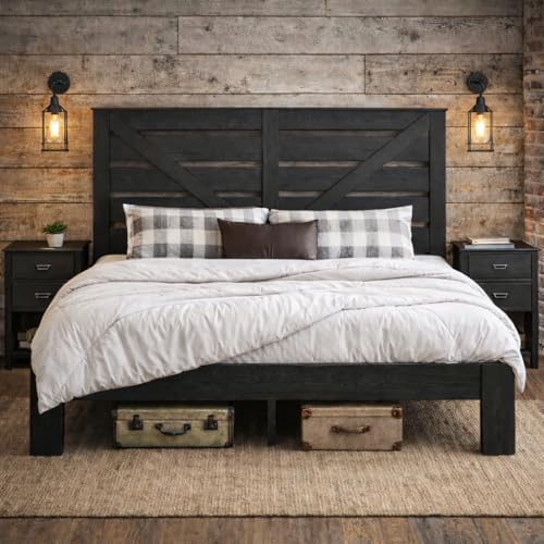 SAMTRA King Size Bed Frame with Headboard Farmhouse Style Platform with LED Lights USB Charging No Box Spring Easy Assembly Black Boho Bed Frame Modern Bedroom Sets (Classic Black King)
