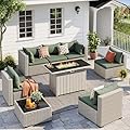 UDPATIO Patio Furniture Set with Fire Pit Table, 8 Pieces Outdoor Sectional Sofa, PE Wicker Patio Conversation Set for Garden, Backyard Green