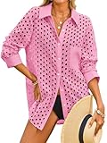 Fisoew Womens Hollow Out Swimsuit Coverup Shirt Button Down Bathing Suit Cover Ups Beachwear Pink