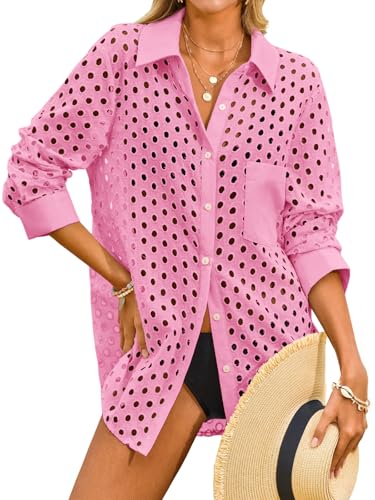 Fisoew Womens Hollow Out Swimsuit Coverup Shirt Button Down Bathing Suit Cover Ups Beachwear Pink