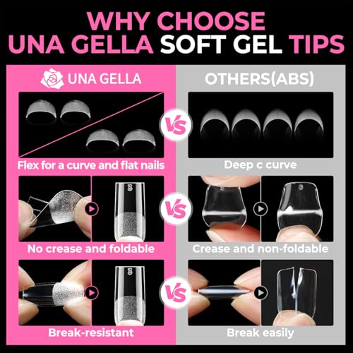 Image of UNA GELLA Sharp Square Nail Tips Medium Soft Gel Nail Tips 216pcs 12 Sizes Pre-Etched Half Matte Full Cover Press on Nails for Flat and Curved Nail Beds DIY Manicure Nail Extensions Home Salon