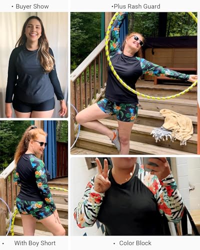 Daci Women 2 Piece Plus Size Long Sleeve Rash Guard Zip Front Athletic Bottom Tankini Swimsuits UPF 504