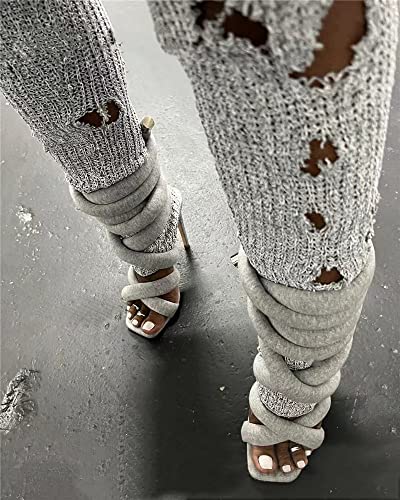 perixir Strappy High Heels Gladiator Sandals With Grey Jersey Knit Fallopian Cloth Rope Lace Up Sexy Open Toe Square Stilettos Tie Up Heeled Sandals For Women US Size 6-13 6