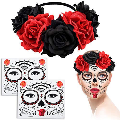 Halloween Temporary Face Tattoos Sugar Tattoos and Rose Flower Hair Garland Headband Set for Halloween Masquerade Party Supplies (Style Set 5)