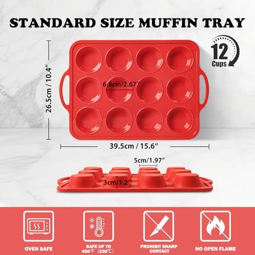 2 Pack Silicone Muffin Pan with Metal Frame, Non-stick Regular Silicone Cupcake Pan with Handles 12 Cup, Silicon Muffin Tin Tray for baking, egg bites, Cupcake Mold, BPA Free Red - Thumbnail 3