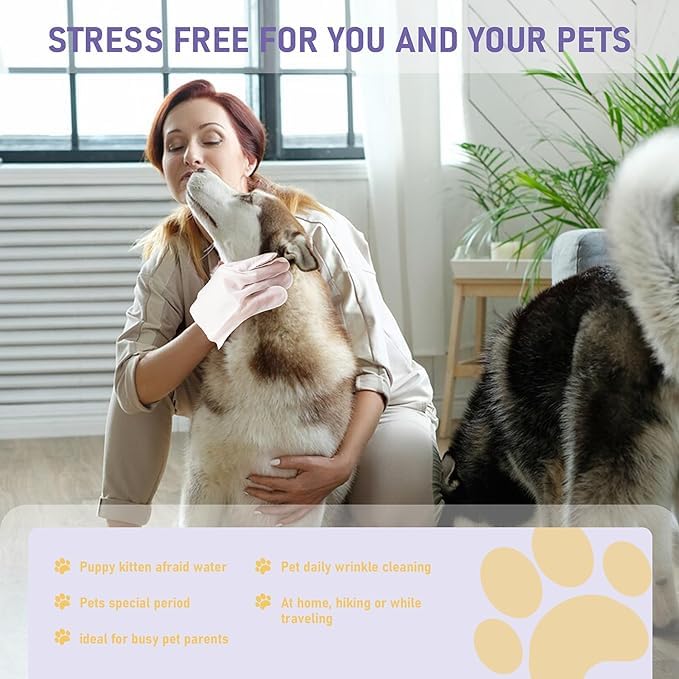 Pet Cleaning Glove Bathing Wipes for Dogs and Cats- Hypoallergenic Deodorizing No-Rinse Grooming Wipes for Paws, Body, and Butt, Perfect for Cat Dry Cleaning, Daily Care and Travel (Lavender)