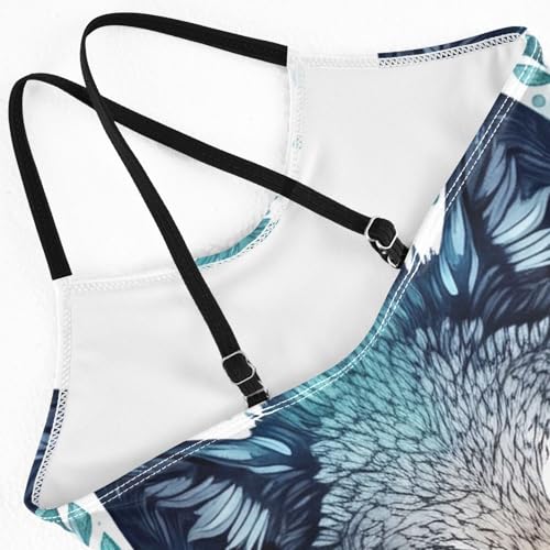 Wolf Head Blue One Piece Bathing Suit for Girls, Quick Dry Crossback Swimsuit for Kids for Beach 3T4