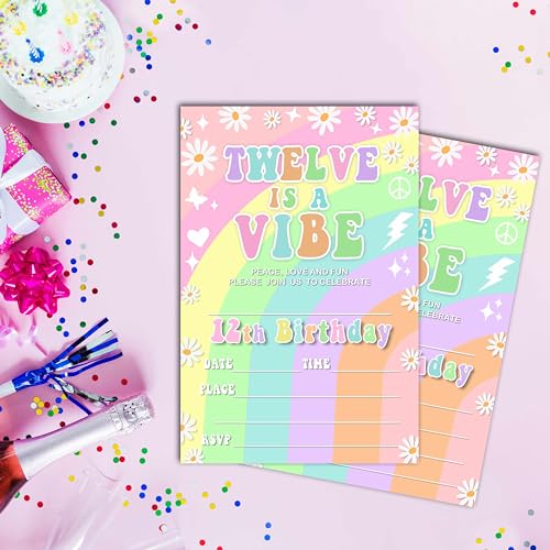 Invitación de cumpleaños 12 Daisy Groovy con sobres de 4x6 pulgadas 3