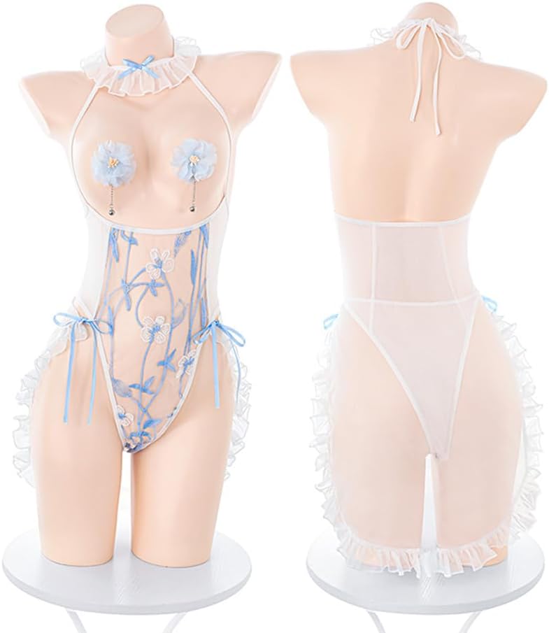 sexy dress for women lingerie outfit Costume anime cosplay Outfits Roleplay underwear Perspective Babydoll Cut-out Bodysuit Mini Skirt Dance Bodycon Rave party Halloween mesh lace blue