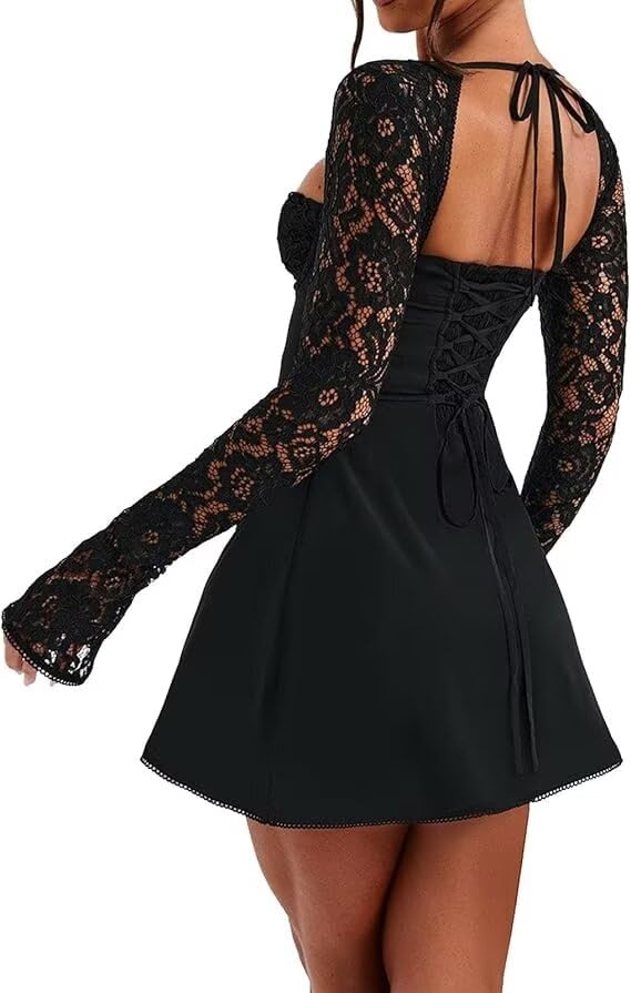 Women 's Elegant Bodycon Dress Lace Patchwork Long Sleeve Low Cut Mini Dress Backless Tie-up Going Out Dress3
