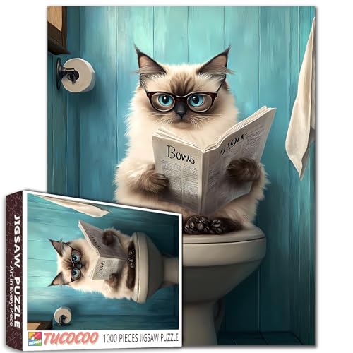 1000 Piece Jigsaw Puzzle for Adults - Siamese Cat Go Toilet Animal WC Newspaper Theme - Challenging Family Activity Game - Colorful DIY Craft for Home Decor Gifts - 2720 Inches