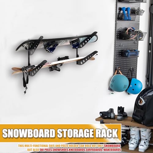 JUSTOOP 2 Board Snowboard Wall Racks, Adjustable Storage Rack for Ski, Surfboard, Wakeboard, Snowboard Wall Mount Display, Black