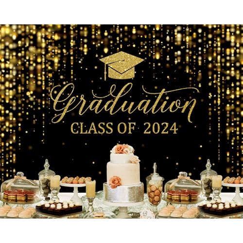 Msocio 10x8ft Polyester Black Congrats Graduation Backdrop Class of 2024 Photography Background Gold Bachelor Cap Celebration Party Decorations Banner Picture Photo Booth