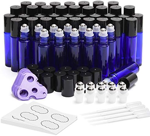 ULG Essential Oil Roller Bottles 48 Pack 10ml Cobalt Blue Glass Empty Bottles with Stainless Steel Roller Balls (10 Extra Roller Balls, 4 Openers, 4 Droppers, 48 Waterproof Labels)