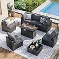 Aoxun 8 Piece Patio Furniture Set with 44” Fire Pit Table Wicker Rattan Patio Sectional Sofa Set Outdoor Seating Furniture with Thickened Cushion, Grey