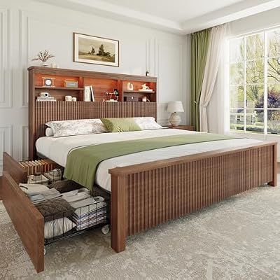 Uteeran Queen Size Bed Frame and Tall Headboard & Storage, Metal Platform Bed Frame with 4 Storage Drawers, Queen Bed Frame with LED Lights & Charging Ports, No Box Spring Needed, Noise-Free, Brown