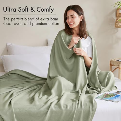 Image of Madison Park Queen Size Summer Blanket, Sage Green, 70% Rayon from Bamboo | 30% Cotton Blanket Full for Bed, Couch, Sofa, Soft Cozy Breathable for Hot Sleepers Menopause, Natural Cooling