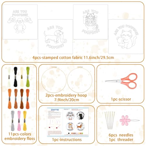 Image of BEUNITONE 4 Pack Beginner Embroidery Kit for Adults, Funny Animal Pre-Stamped Pattern Needlepoint Kits with Hoop, Tools & Instruction, 7.9 inchx7.9 inch Hand Embroidery Kits for Fabric and Home Decor