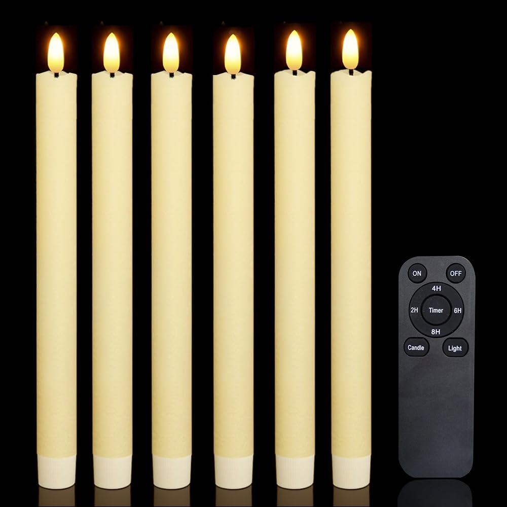 CANDLE CHOICE Real Wax Flameless Taper Candles Remote Timer 9.6” Tall Long Flicking Battery Operated Electric LED Candlesticks Window Candles for Wedding Halloween Christmas Decorations Ivory 6 Pack