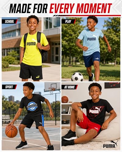 Image of PUMA Boys Short Set - 2 Piece Short Sleeve Crewneck Performance Graphic Tees and Athletic Mesh Shorts for Boys (Sizes: 4-16)