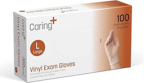 Caring Vinyl Exam Gloves Powder Free and Not Made with Natural Rubber Latex, Gloves for Medical Use, First Aid, Food Prep