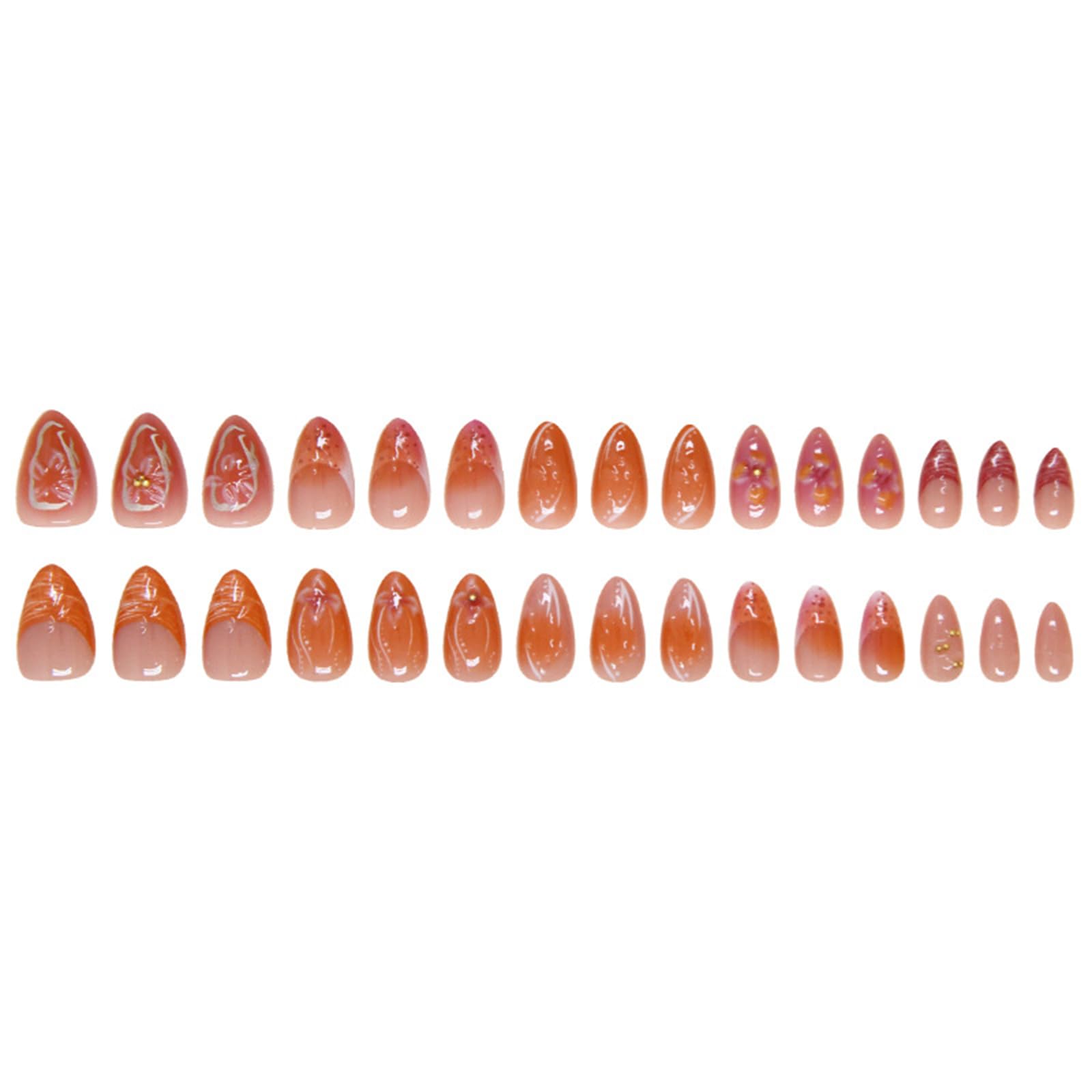 GlamRays 30 pièces Stickers Ongles 3D Fleurs d'oranger, Faux Ongles French Tip Amande Moyenne avec décoration dorée 3D, Design Cristal