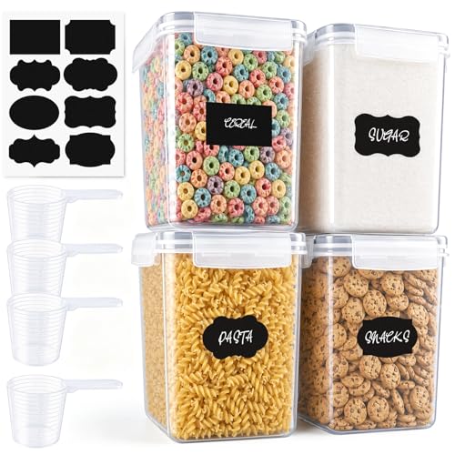 Yirilan Flour Storage Containers Set 4 Pack 2.5L Plastic Airtight Food Storage Containers with Lids Large kitchen storage containers with spoons labels pen for Cereal Rice Pasta Dry Food