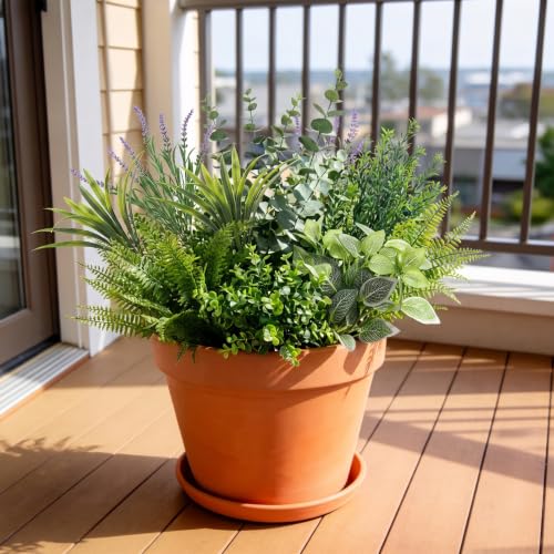 Image of 24 Bundles Artificial Greenery for Outdoor Fake Green Plant Eucalyptus Fern | Mixed Plastic UV Resistant Faux Greenery Stems for Outside Indoor Home Garden Window Box Front Porch Decoration