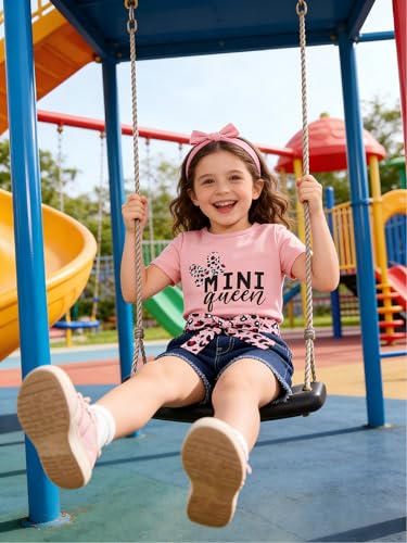 Image of Kids Toddler Girls Summer Clothes Leopard Butterfly Print T-Shirt + Belted Denim Jeans Shorts 3PCS Outfits