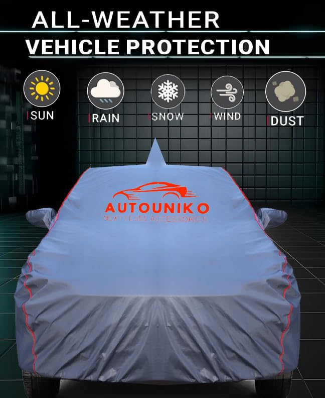 Image of 100% Waterproof Car Body Cover for Tata Nexon with Mirror and Antenna Pocket and Soft Cotton Lining (Full Bottom Elastic Triple Stitched) (Grey with Red Piping) (Grey)
