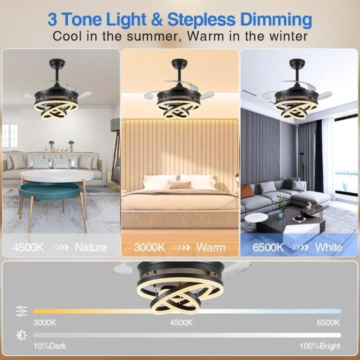 Image of blissbells Modern LED Chandelier Fan, (Blk Ring fanlight)