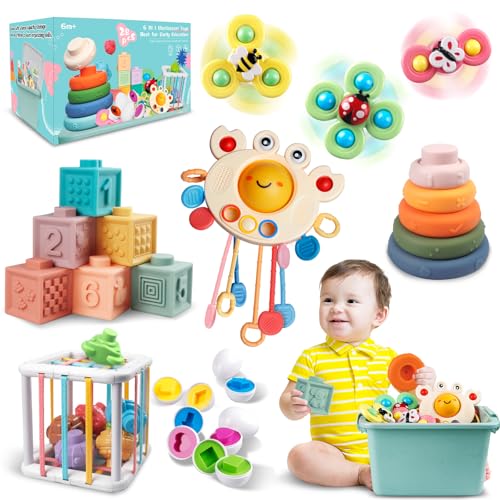 Image of Weilim Montessori Baby Toys, 6 in 1 Sensory Toys for Babies Stacking Blocks & Rings, Suction Cup Spinner, Matching Eggs, Teething Toy, 27 Pcs Sensory Bin & Storage