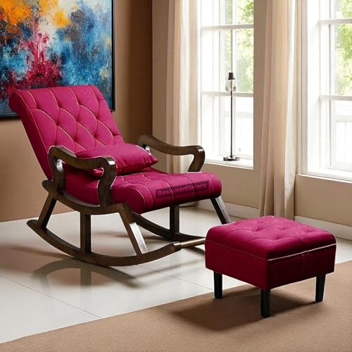 Image of Wood Modern Ergonomic Rocking Chair Including with Cushain Footrest for Relaxing | Rolling Chair for Living Room (Maroon)