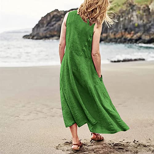 Plus Size Cotton Linen Summer Dresses for Curvy Women 2025 Sleeveless Maxi Vacation Beach Sundresses with Pockets