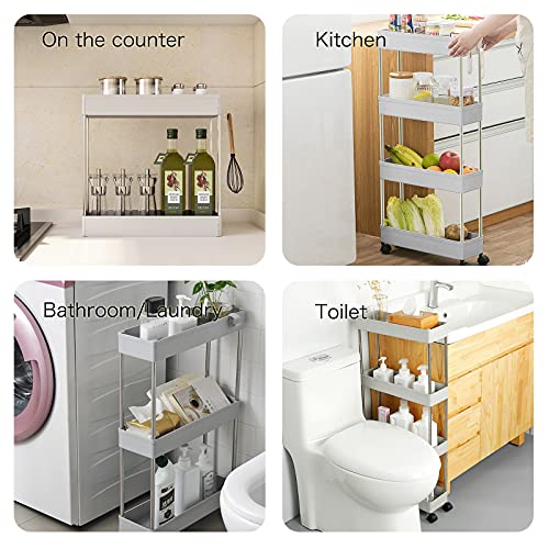 Slim Storage Cart, 3 Tier Mobile Shelving Unit Organizer Slide Out Storage Rolling Utility Cart Tower Rack For Kitchen Bathroom Laundry Narrow Place #TOP4
