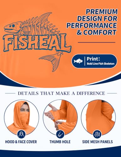 Image of FISHEAL Men's UPF 50+ Sun Protection Fishing Hoodie, Long Sleeve UV Shirts with Mask, Quick Dry Hooded for Outdoor Beach