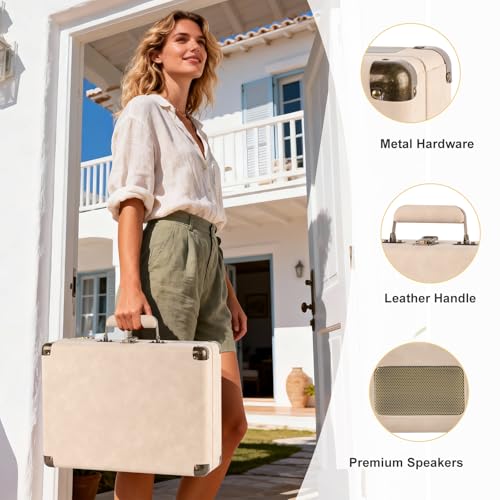 Image of Portable Bluetooth Record Player with USB Playback Rechargeable Battery and Built in Speakers 3 Speed Turntable in Retro Suitcase Design for Home Bedroom or Outdoor Use