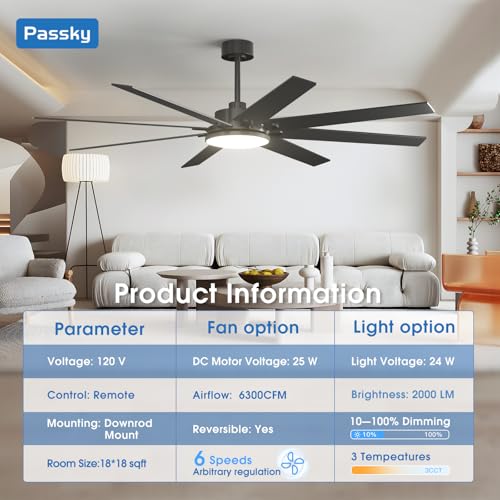 Image of 72 inch Ceiling Fans with Lights, Large Modern Ceiling Fan with Light and Remote Control, Reversible, 3CCT, Dimmable, Quiet, Black Ceiling fan For Bedroom, Living Room, Patio Farmhouse, Indoor /Outdoor