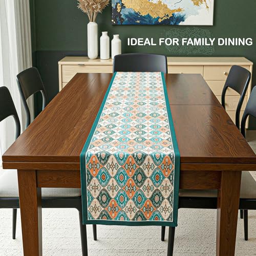 Image of Heart Home Velvet 13x72 Inch Table Runner for Home Decor | 6 Seater Dining Table Place Mat Elegant Soft Feel /Machine Washable | Pyramid 1348 - Cream & Green