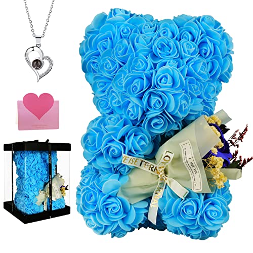 POHOMEGK Oso de Rosas,para Dama o niña,Rosa Regalo de San Valentín decoración Regalo de San Valentín,Regalo para el Día de la Madre (Azul)