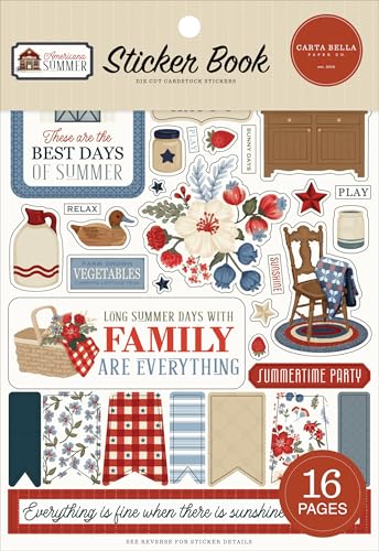 Carta Bella Americana Summer Sticker Book - 16 Pages 4.5 x 9.5 Patriotic Red White and Blue Designs