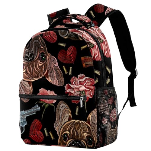 Sac à dos d'école multicolore pour adolescents avec broderie bouledogue rose