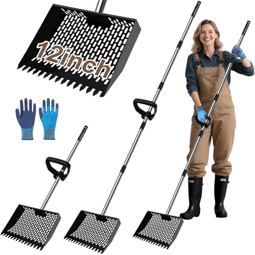 APODESS 12-Inch Heavy Duty Chicken Poop Scooper & Rake 2-in-1 with 36-77" Adjustable Stainless Steel Handle Ergonomic Metal Sifting Shovel for Chicken Coop, Goat Stall,Animals House Cleaning