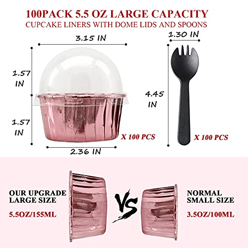Foil Cupcake Liners Baking Cups With Lids 100 Pack,Lnyzqus 5.5 Oz Large Cupcake Tins Muffin Cups,Disposable Ramekins With Lids,Cupcake Wrappers Holders For Wedding Bakery,With Spoons-Rose Gold #TOP2