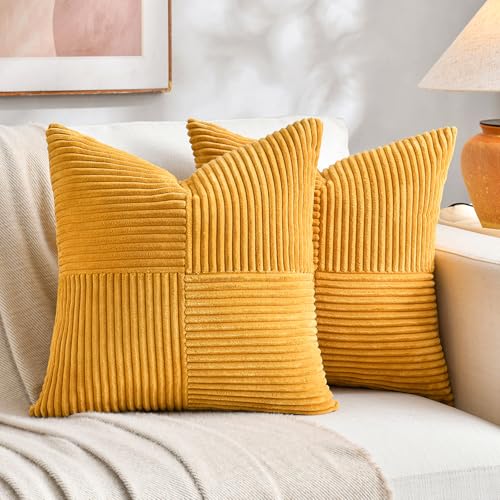 Image of Fancy Homi 2 Packs Gold Yellow Samll Decorative Throw Pillow Covers 12x12 Inch with for Couch Bed Sofa, Farmhouse Boho Spring Home Decor, Soft Corss Patchwork Corduroy Square Cushion Case 30x30 cm